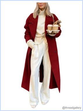 Long Wool Coat Big Notch Lapel Double Breasted Overcoat